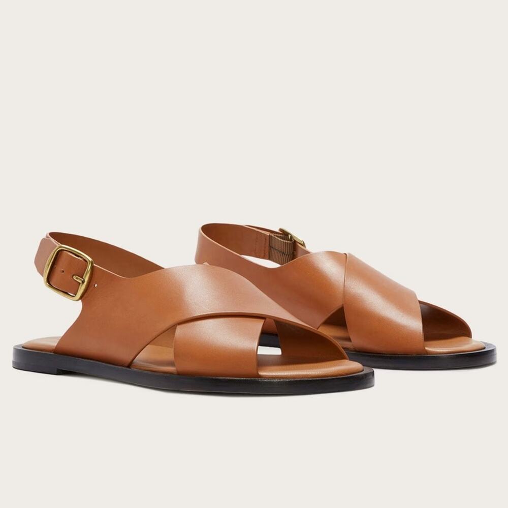 Everlane City Crossover Sandals Desert Tan Leather Buckle Flat 6 New w/o Box